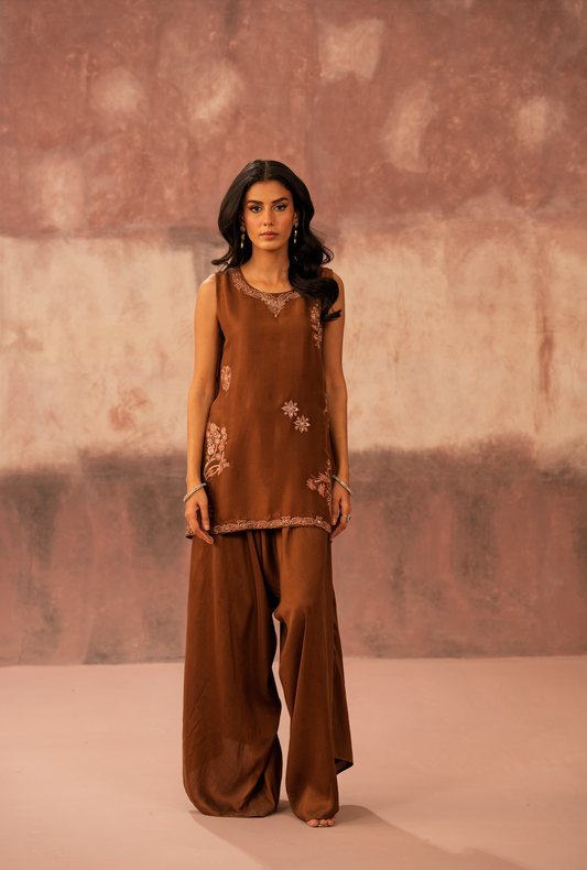 Mocha Embroidered Kurta Set